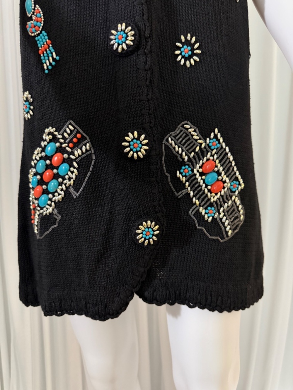 Victoria Jones Beaded Southwestern Sweater Vest Tunic Black Medium Boho Western - Picture 15 of 16